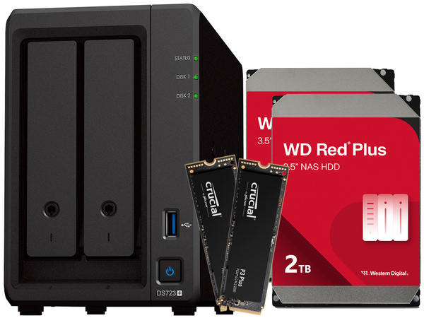 Serwer NAS Synology DiskStation DS723+ 4TB (2x2TB) WD RED Plus + 1TB (2x500GB) Crucial P3 Plus  / 2GB RAM