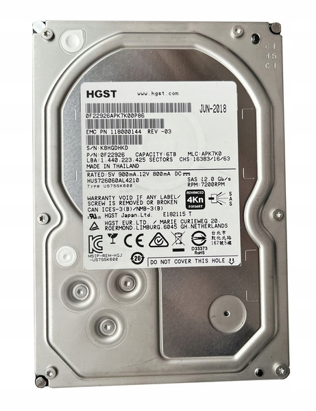 DYSK HGST 6TB 7.2K SAS 12G 3,5" HUS726060AL4210 0F22926 (HUS726060AL4210) USZKODZONY